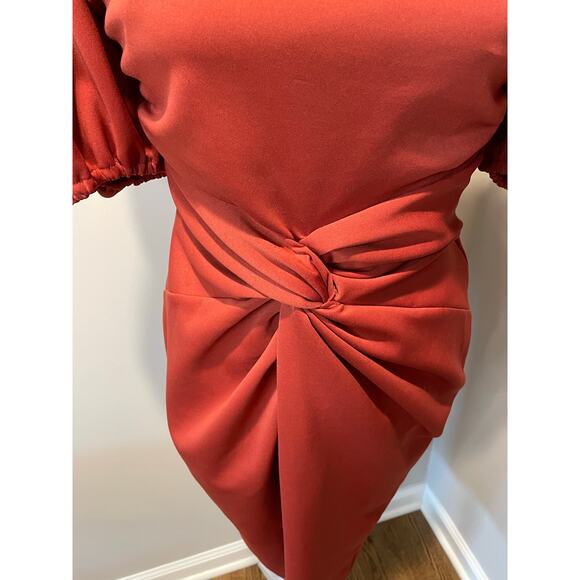 Asos Design Asymmetric Puff Sleeve Knot Tuck Midi Dress Sz 6 Sheath Terracotta - Picture 4 of 12